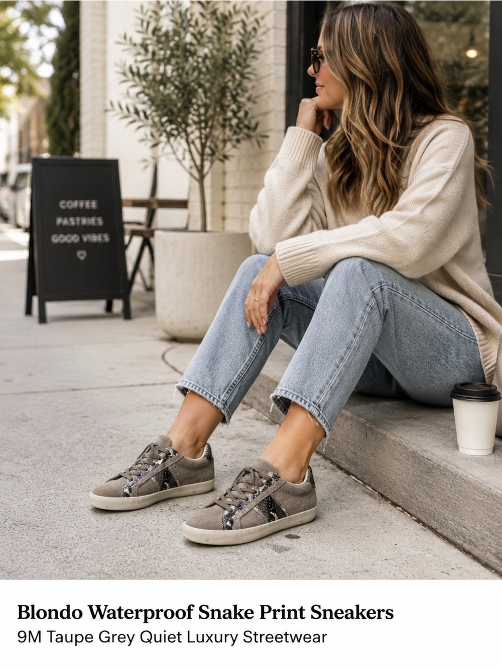 Blondo Waterproof Snake Print Sneakers 9M Taupe Grey Quiet Luxury Streetwear